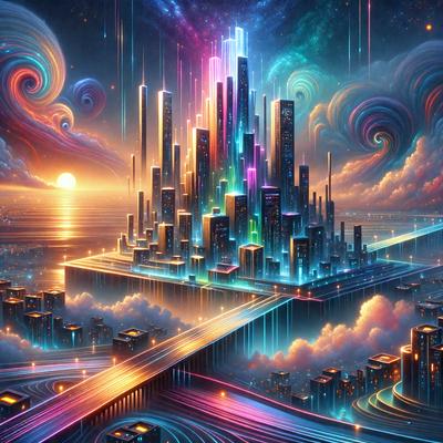 The primary subject of the image is a futuristic cityscape with a large, colorful skyscraper towering over the surrounding buildings. The setting is a cloudy sky, which adds to the overall atmosphere of the scene. The visual style of the image is digital art, as it is a vibrant and detailed illustration. The dominant colors in the image are blue, purple, and pink, creating a lively and imaginative mood.